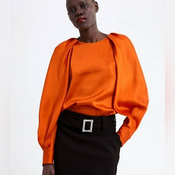 Zara Women's Orange Puff Sleeve Blouse Diamanté Button Satin Top Size Small NWT - Picture 4 of 16